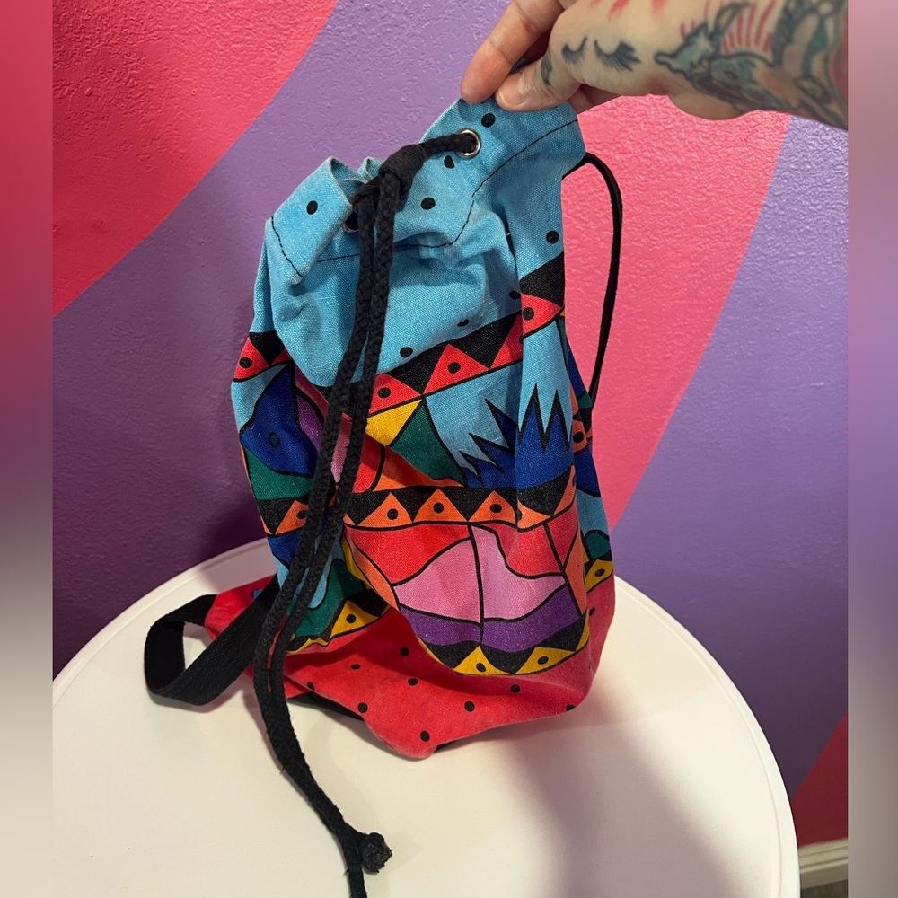 Vintage Spiegel Canvas 90's Neon Pink Geometric Sling backpack Drawstring 16"